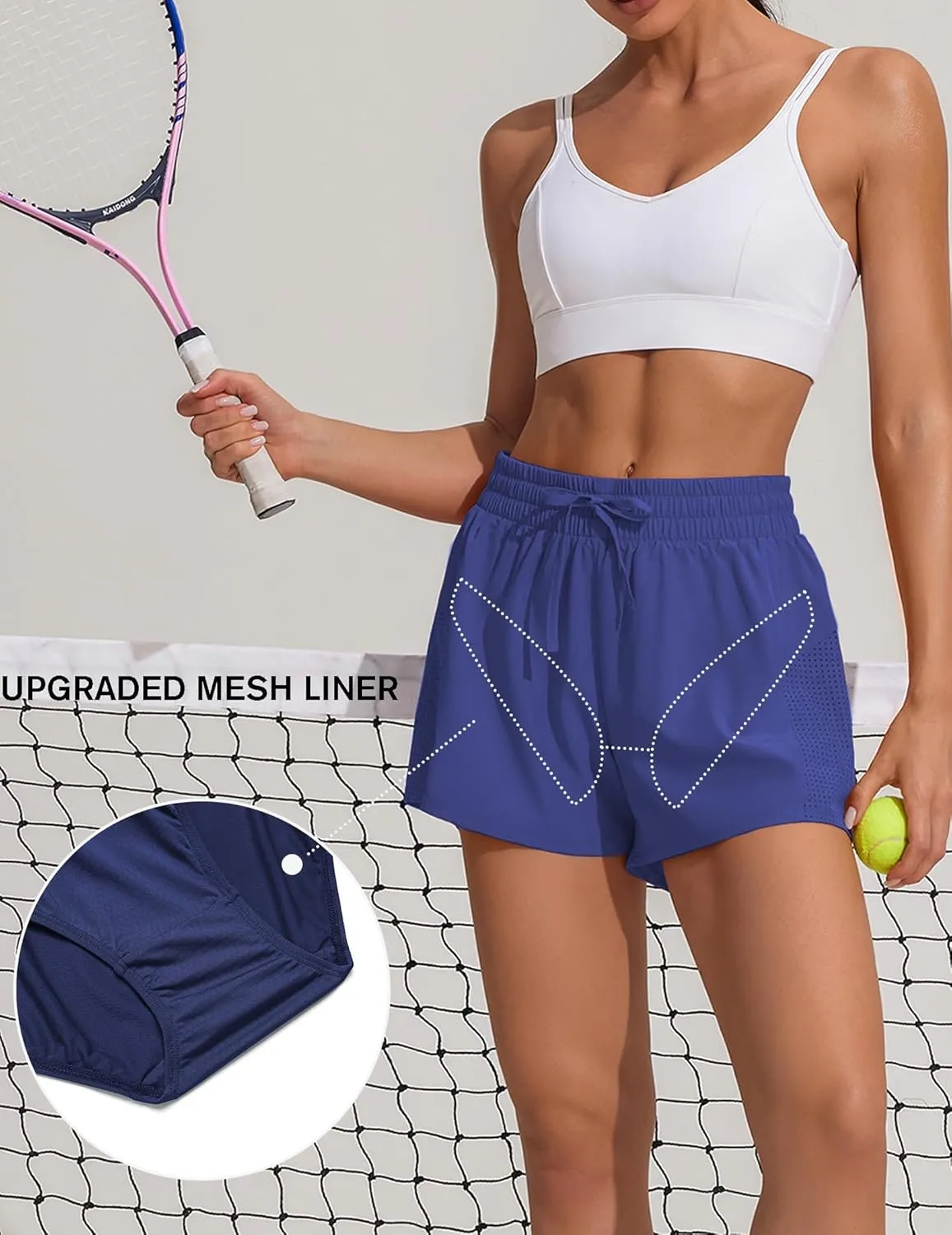 PINSPARK Womens Athletic Shorts High Waisted Running Shorts 2 in 1 Drawstring Quick Dry Gym Shorts with Zipper Pockets