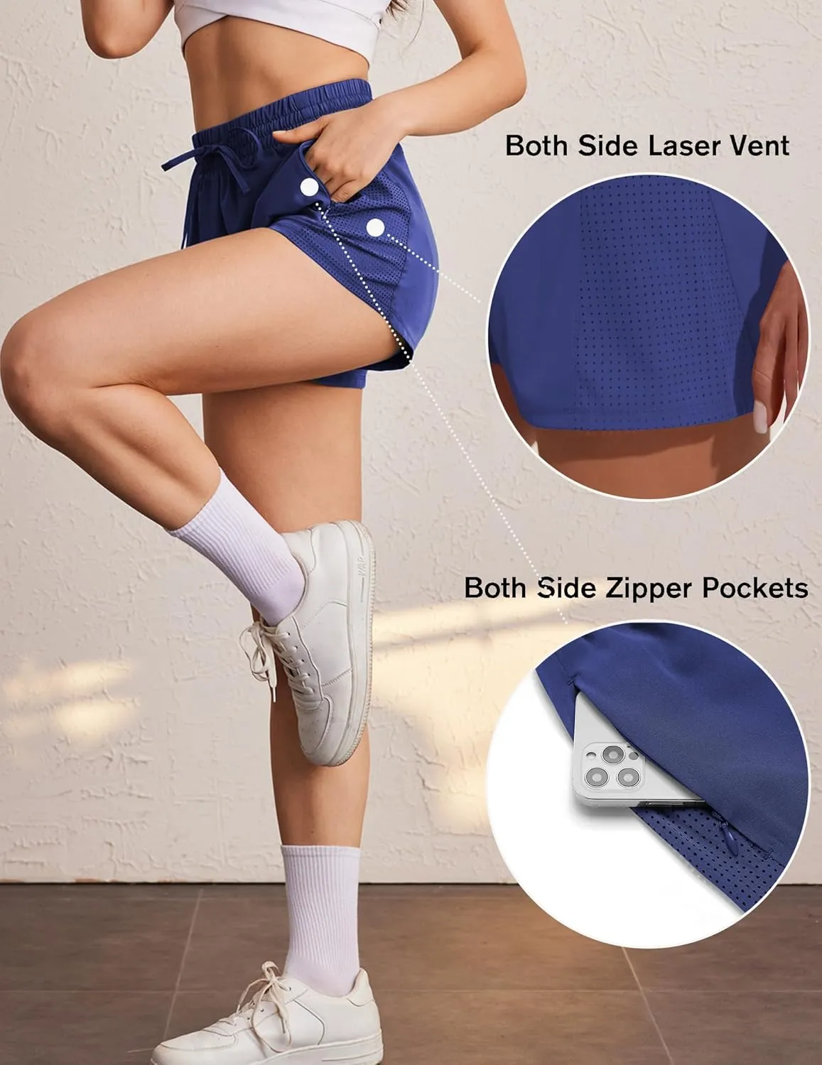 PINSPARK Womens Athletic Shorts High Waisted Running Shorts 2 in 1 Drawstring Quick Dry Gym Shorts with Zipper Pockets