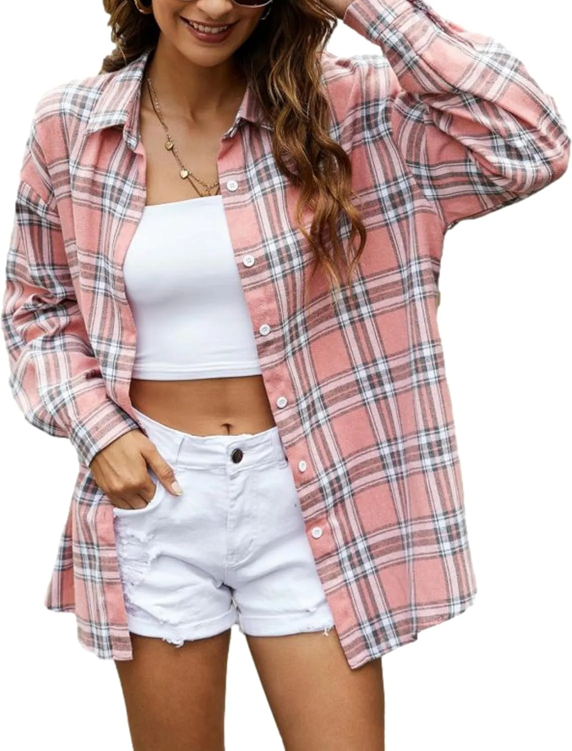 Plaid Flannel Shirts for Women Oversized Button Down Long Sleeve Buffalo Shirts Blouse Tops