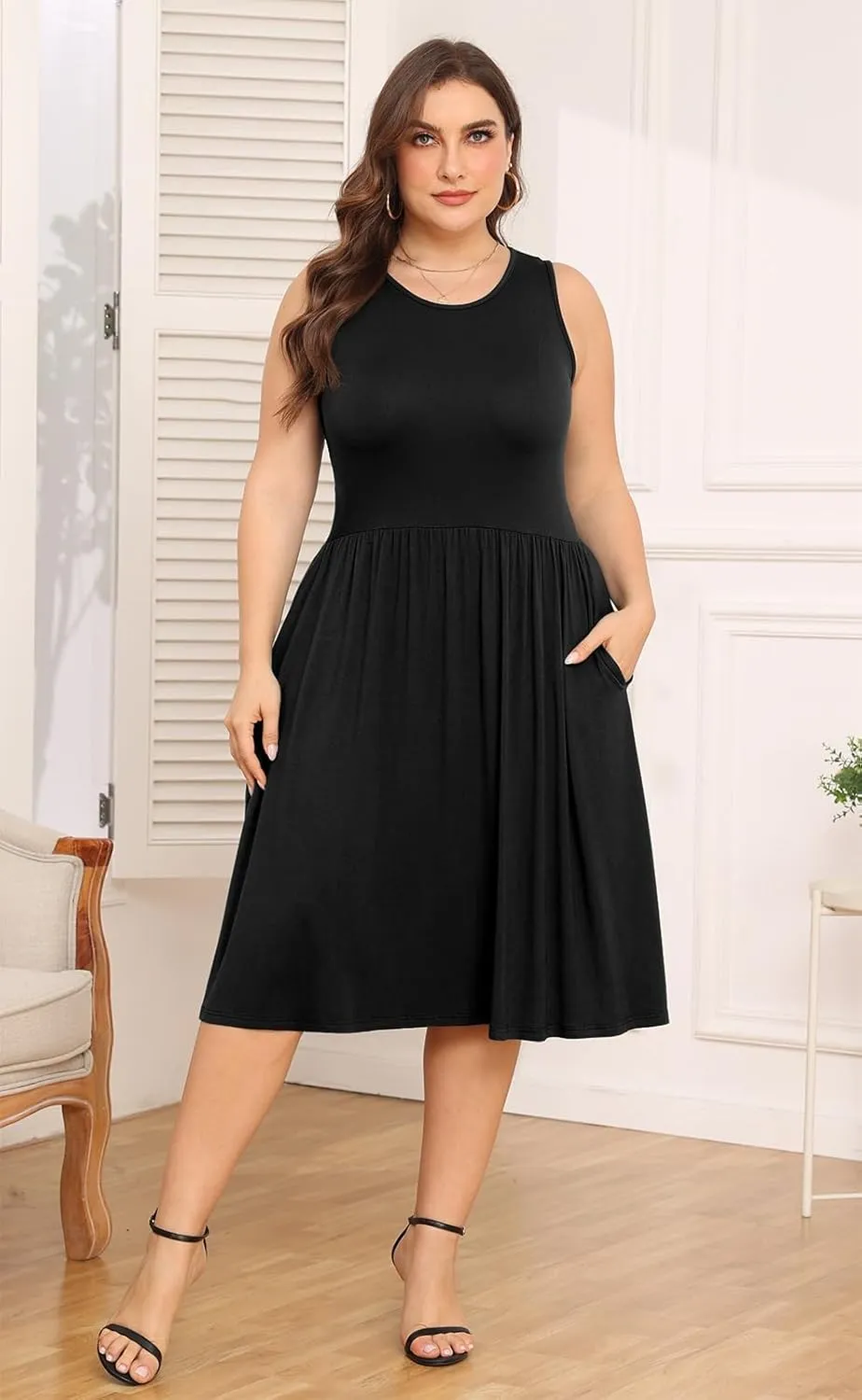 POSESHE Womens Plus Size Dress 2024 Summer Round Neck Sleeveless Casual Empire Waist Loose Fit Swing Tank Dress with Pockets