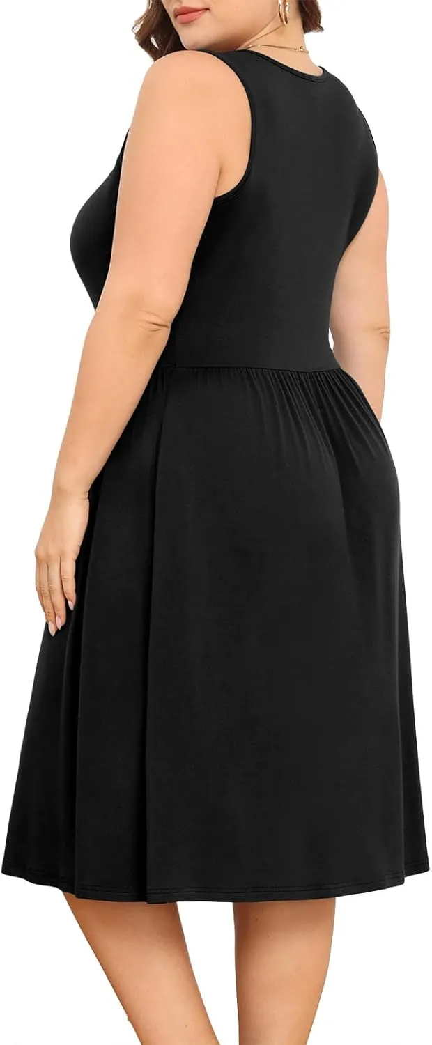 POSESHE Womens Plus Size Dress 2024 Summer Round Neck Sleeveless Casual Empire Waist Loose Fit Swing Tank Dress with Pockets