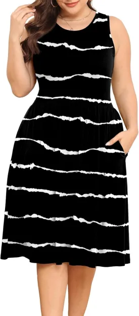 POSESHE Womens Plus Size Dress 2024 Summer Round Neck Sleeveless Casual Empire Waist Loose Fit Swing Tank Dress with Pockets