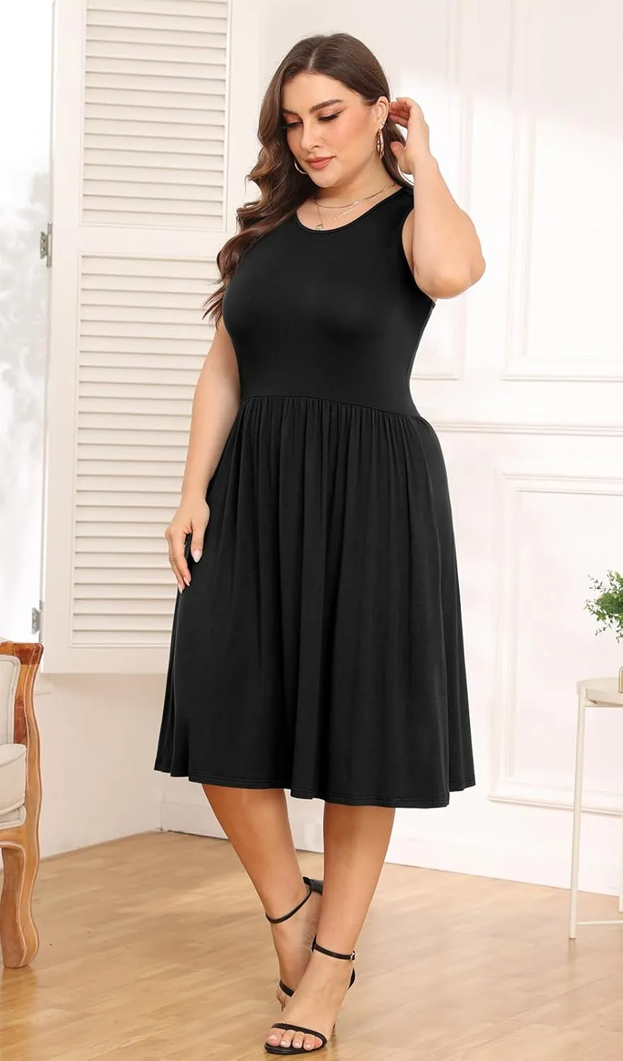 POSESHE Womens Plus Size Dress 2024 Summer Round Neck Sleeveless Casual Empire Waist Loose Fit Swing Tank Dress with Pockets