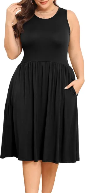 POSESHE Womens Plus Size Dress 2024 Summer Round Neck Sleeveless Casual Empire Waist Loose Fit Swing Tank Dress with Pockets
