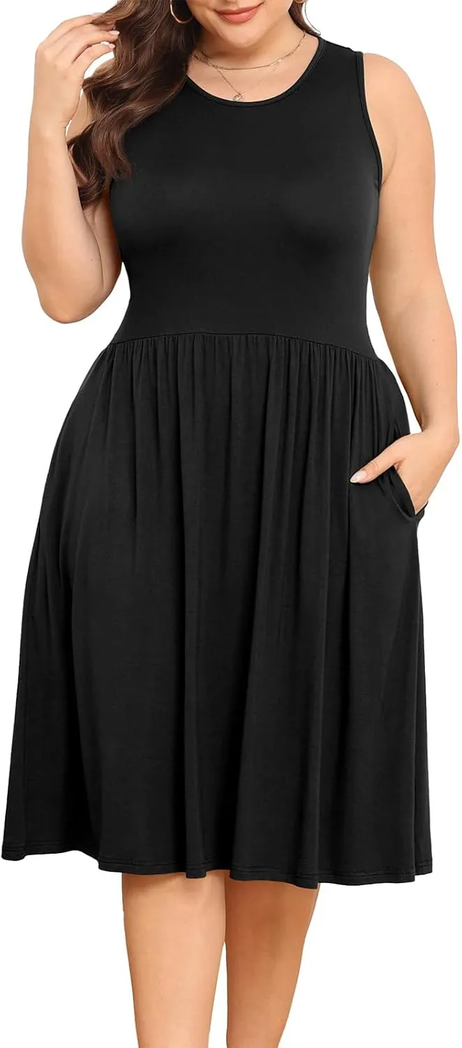 POSESHE Womens Plus Size Dress 2024 Summer Round Neck Sleeveless Casual Empire Waist Loose Fit Swing Tank Dress with Pockets