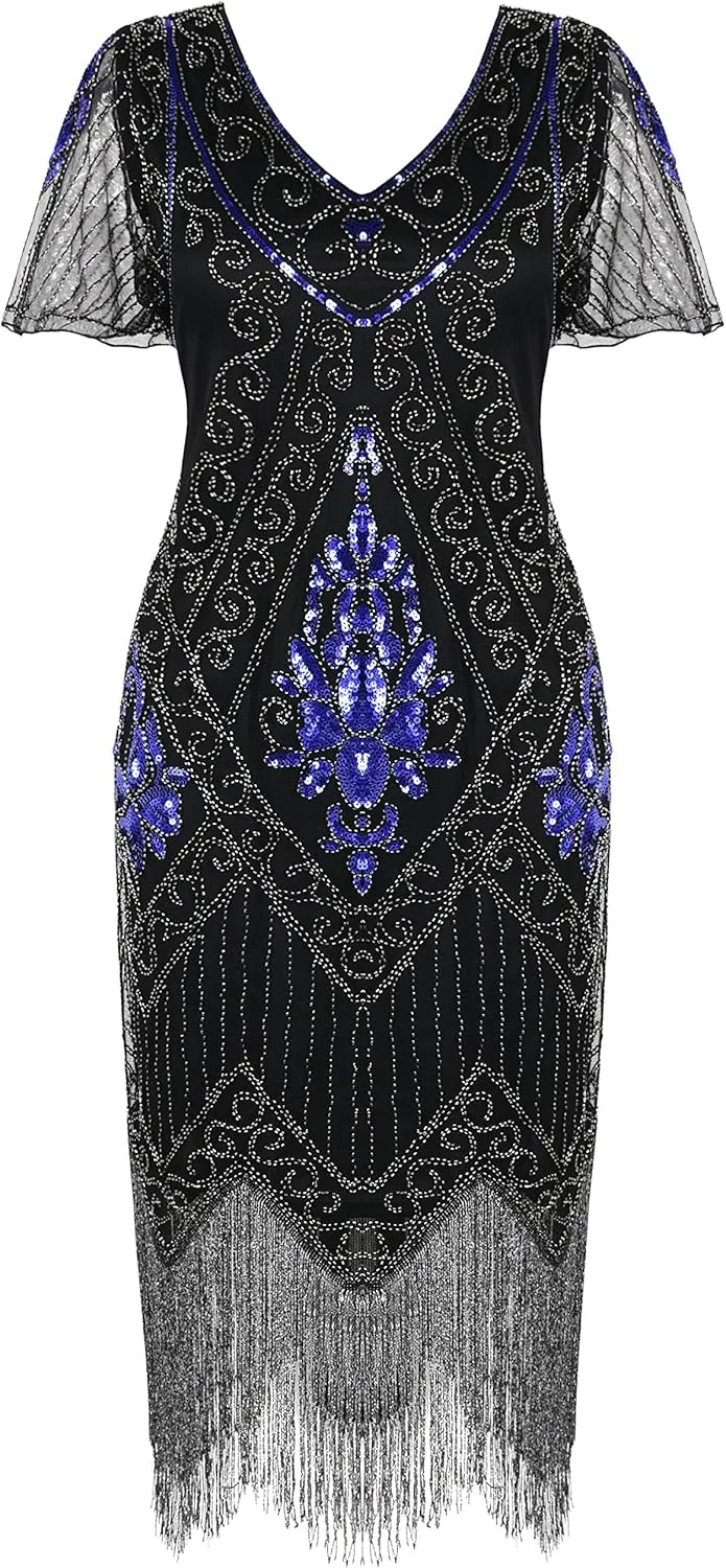 PrettyGuide Women's 1920s Dress Sequin Art Deco Flapper Dress with Sleeve