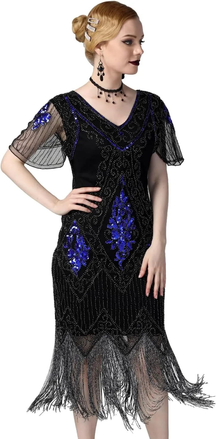 PrettyGuide Women's 1920s Dress Sequin Art Deco Flapper Dress with Sleeve