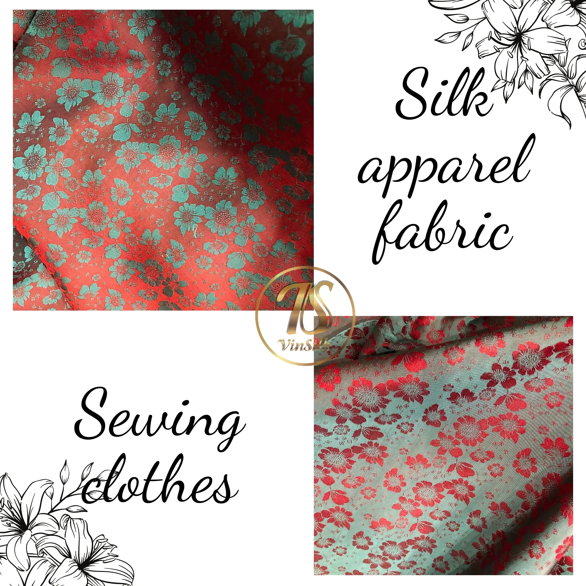 PURE MULBERRY SILK fabric by the yard - Red silk with gray floral pattern - Handmade fabric – Dress making – Silk for sewing - Gift for women