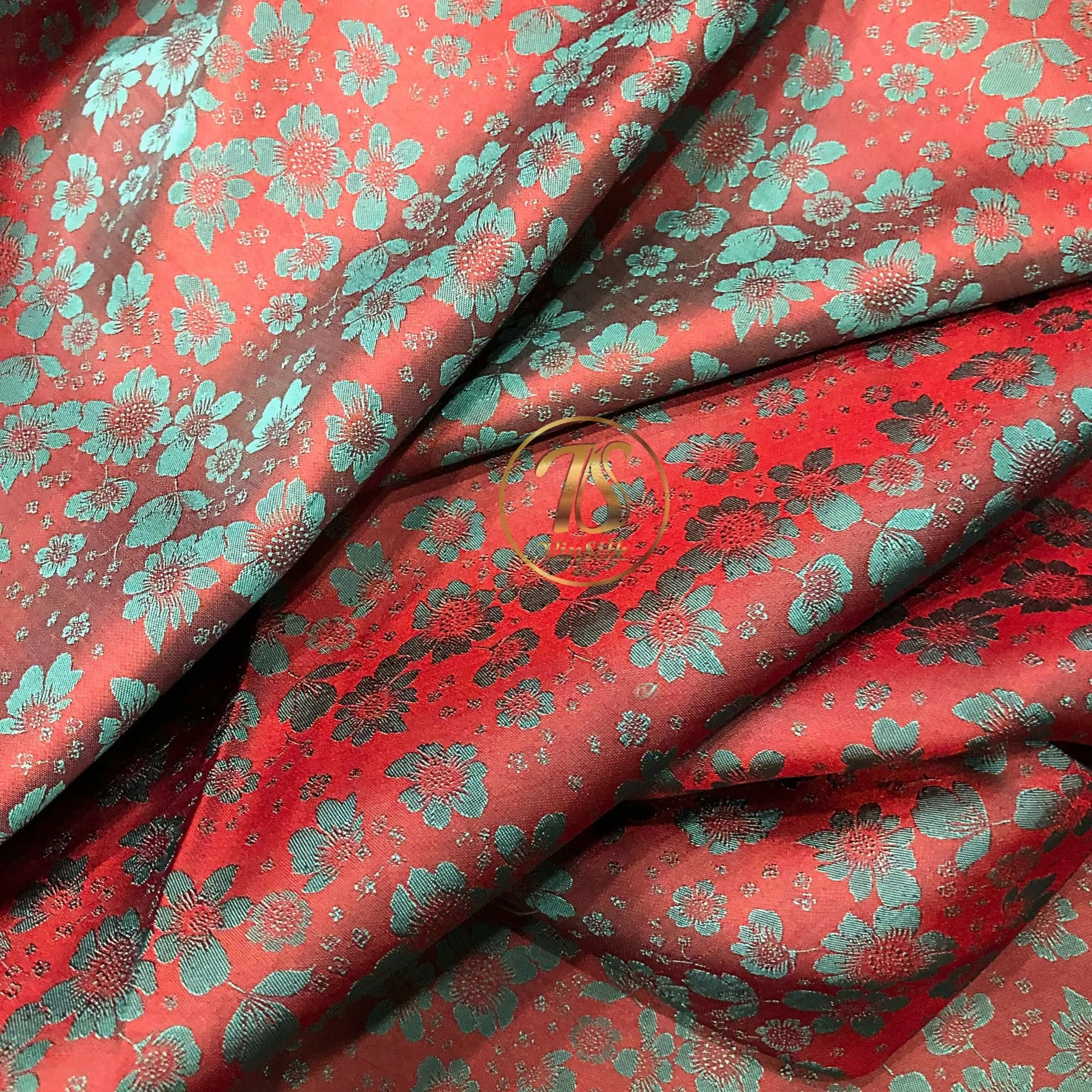 PURE MULBERRY SILK fabric by the yard - Red silk with gray floral pattern - Handmade fabric – Dress making – Silk for sewing - Gift for women