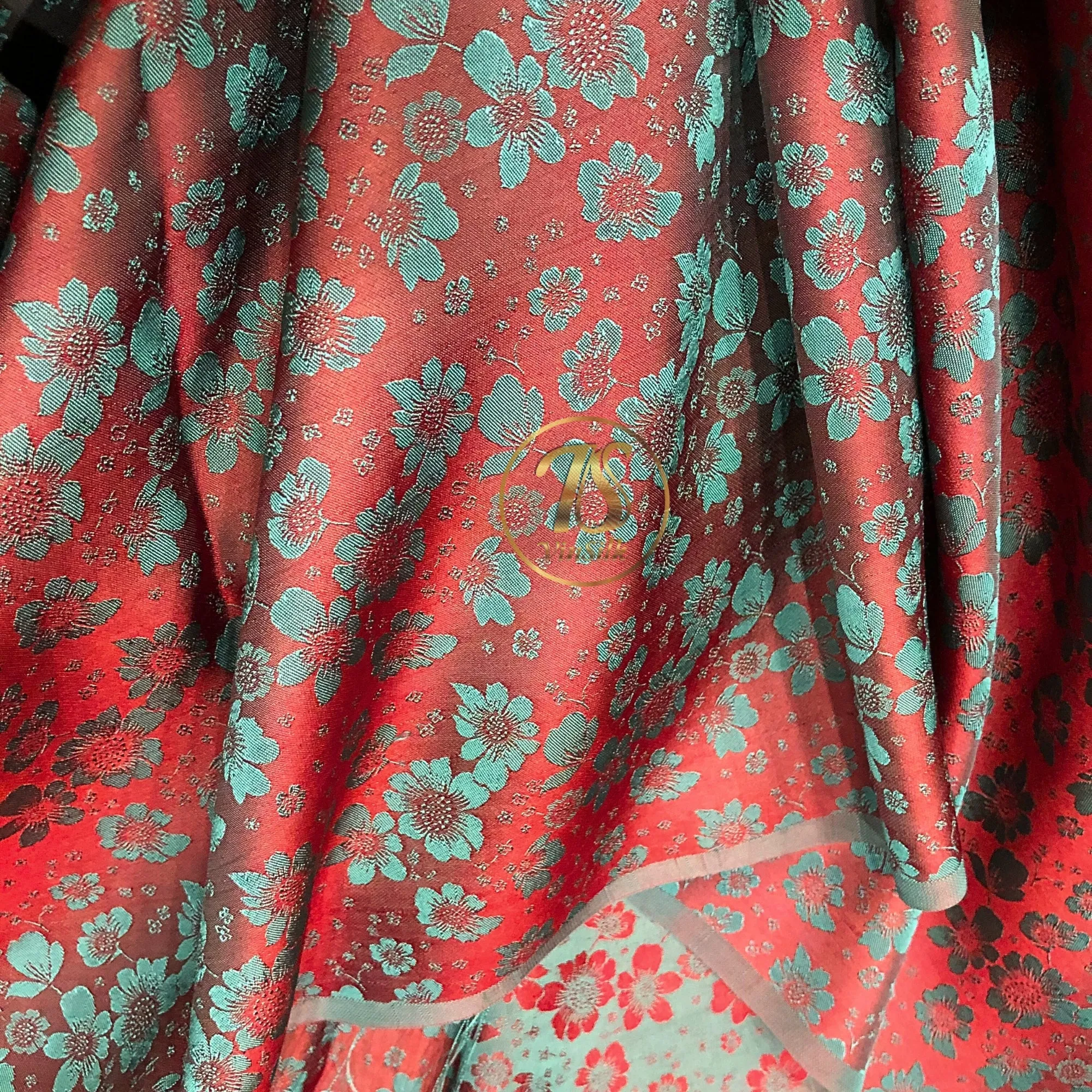 PURE MULBERRY SILK fabric by the yard - Red silk with gray floral pattern - Handmade fabric – Dress making – Silk for sewing - Gift for women