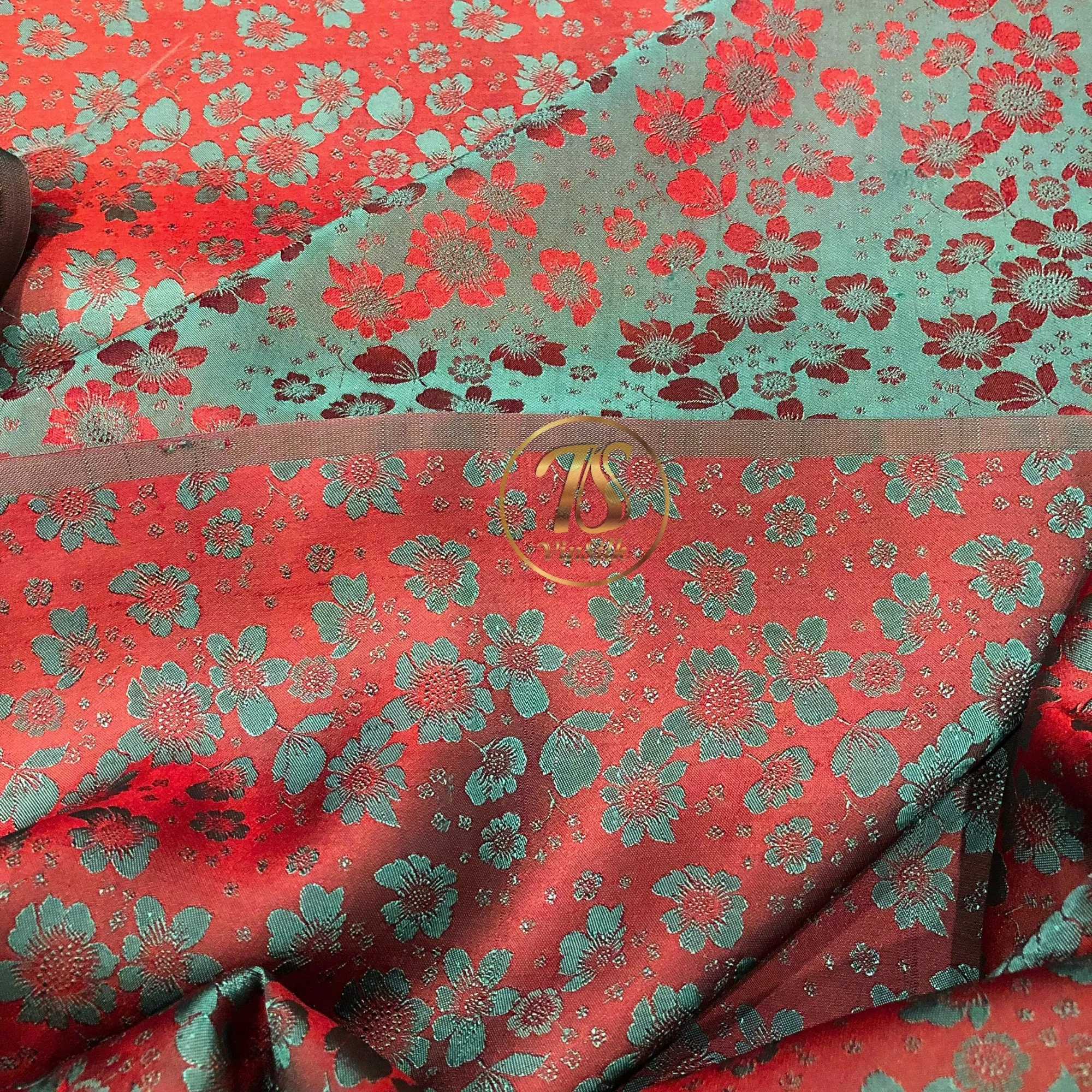 PURE MULBERRY SILK fabric by the yard - Red silk with gray floral pattern - Handmade fabric – Dress making – Silk for sewing - Gift for women