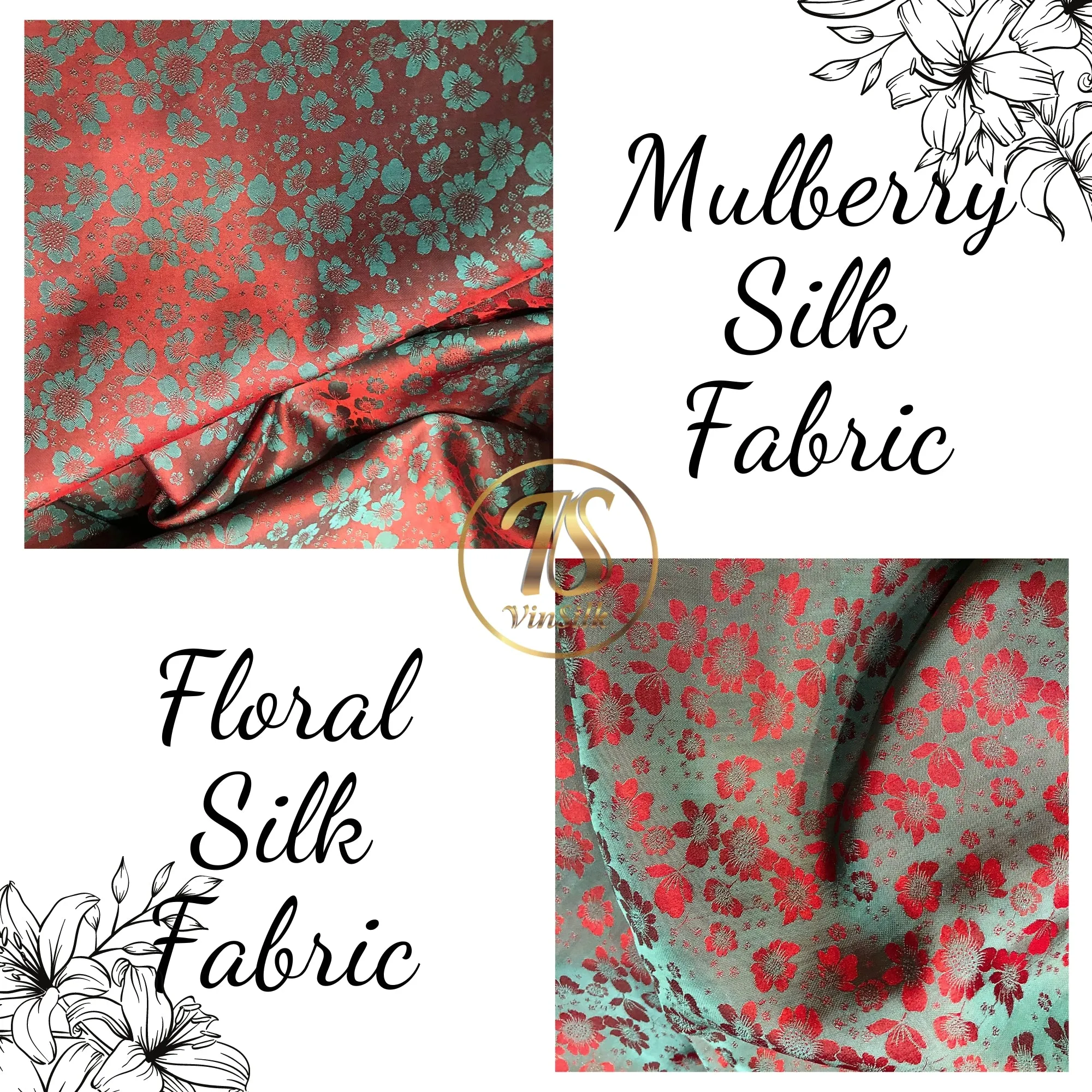PURE MULBERRY SILK fabric by the yard - Red silk with gray floral pattern - Handmade fabric – Dress making – Silk for sewing - Gift for women