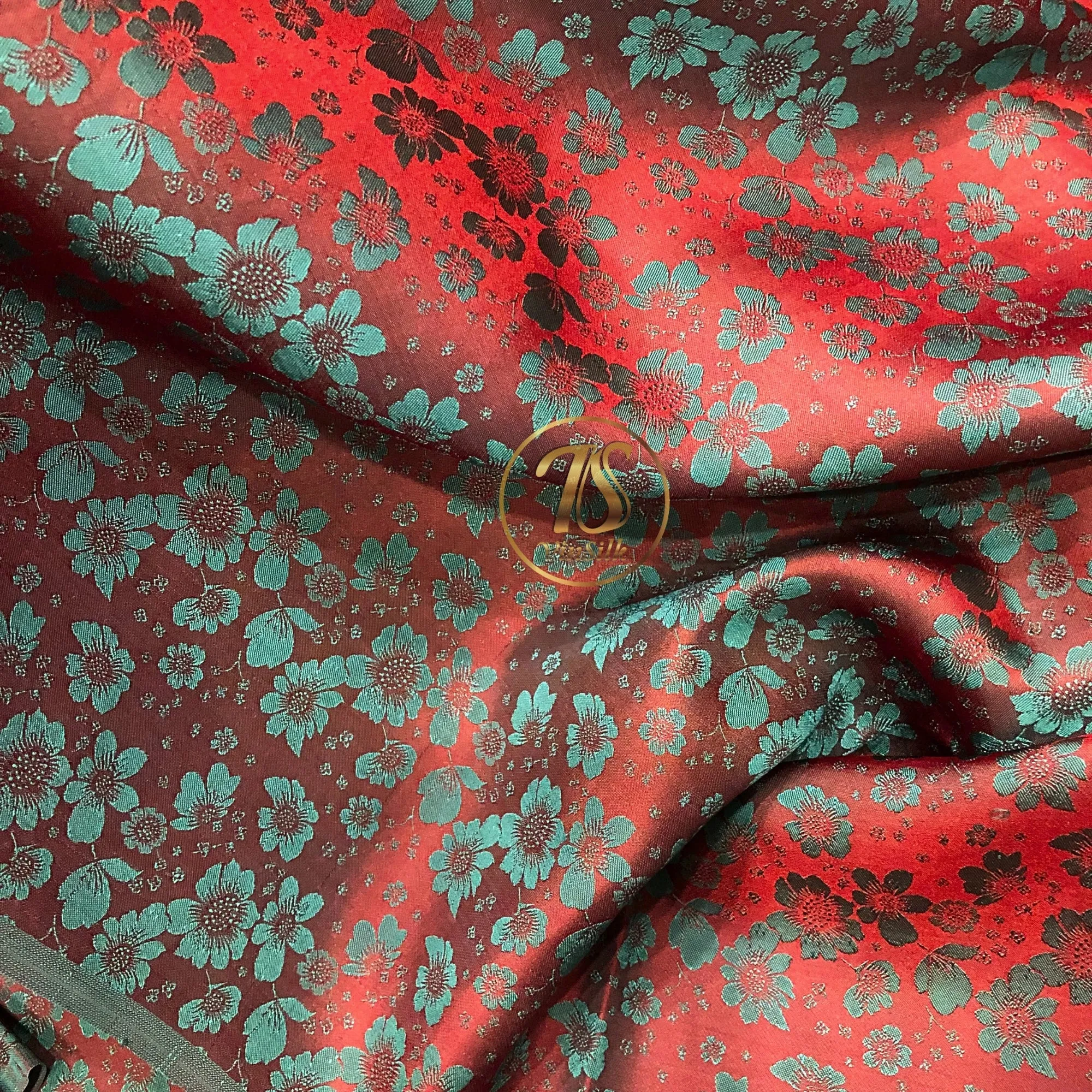 PURE MULBERRY SILK fabric by the yard - Red silk with gray floral pattern - Handmade fabric – Dress making – Silk for sewing - Gift for women