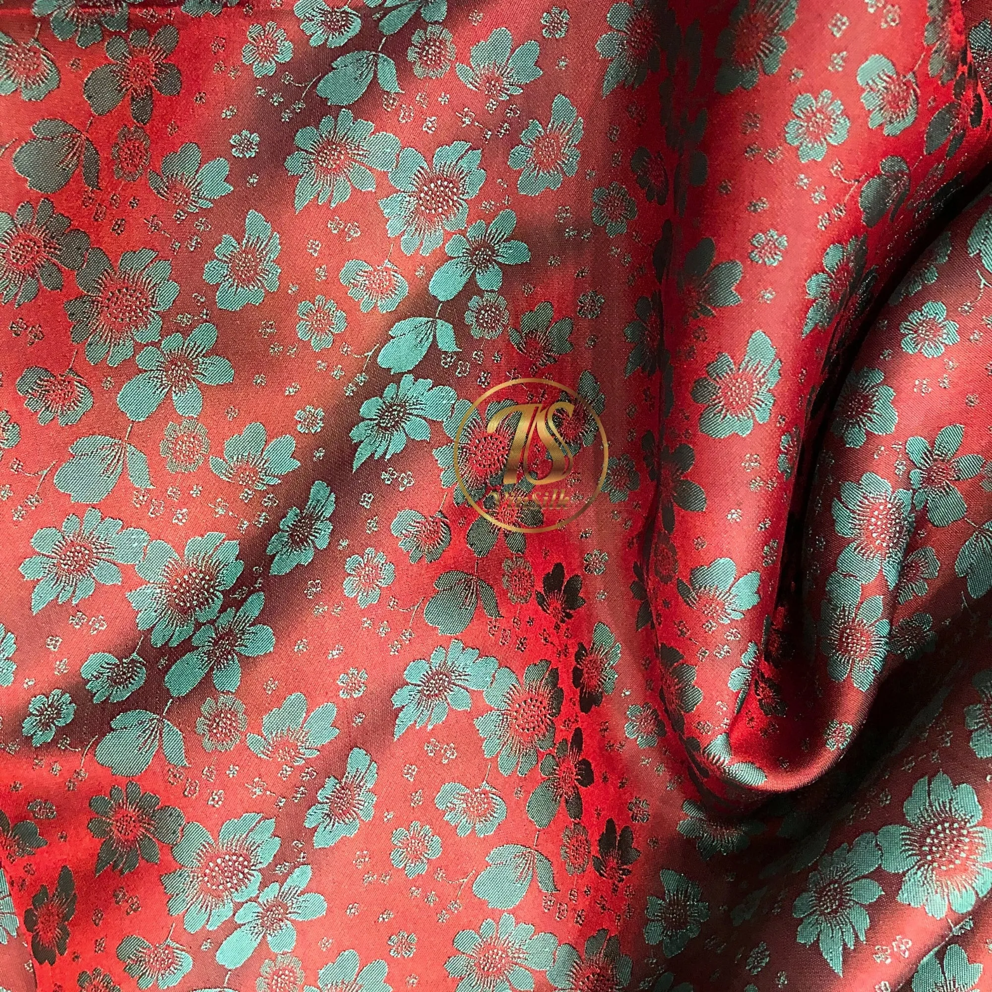 PURE MULBERRY SILK fabric by the yard - Red silk with gray floral pattern - Handmade fabric – Dress making – Silk for sewing - Gift for women
