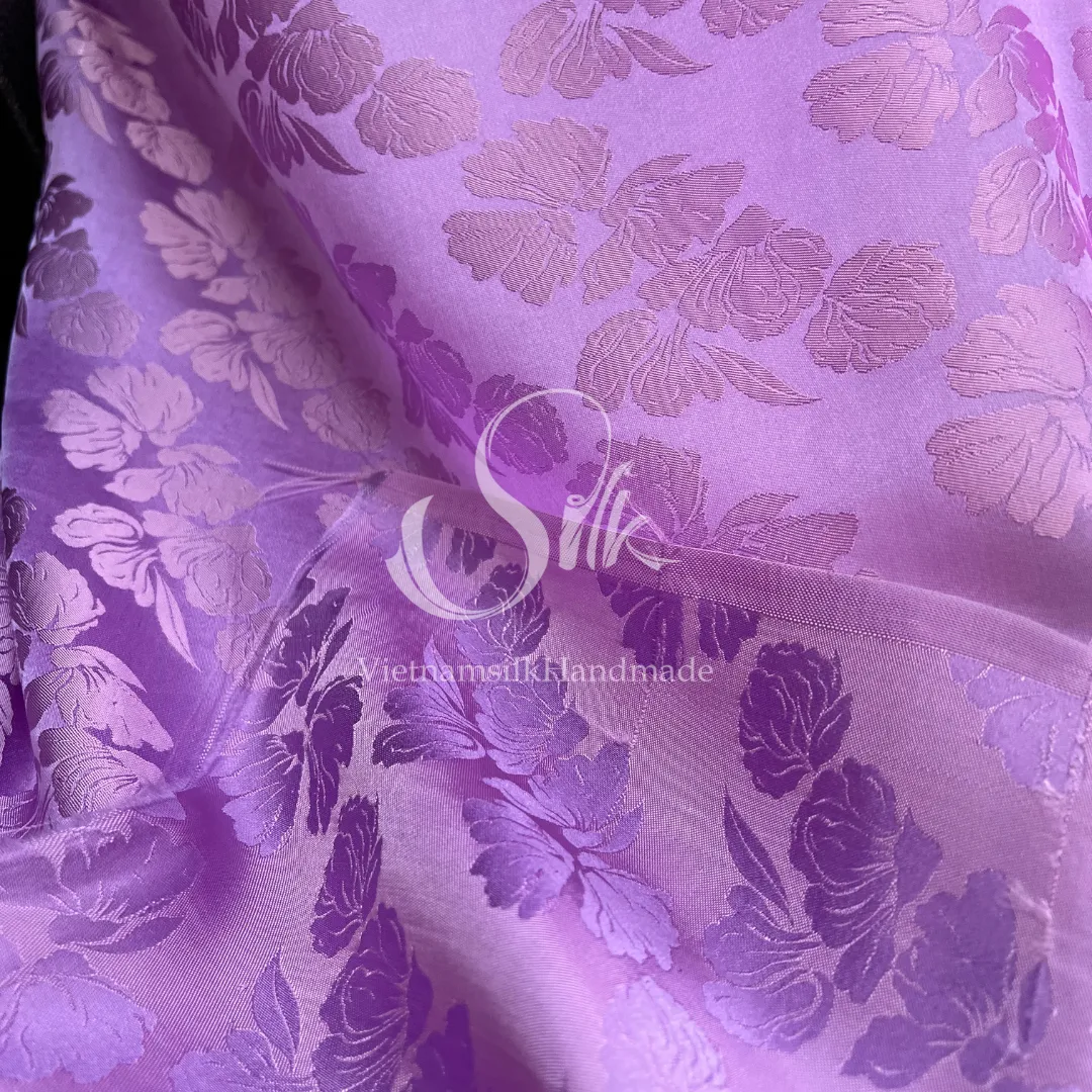 Purple Silk with Big Flowers - PURE MULBERRY SILK fabric by the yard -  Floral Silk -Luxury Silk - Natural silk - Handmade in VietNam