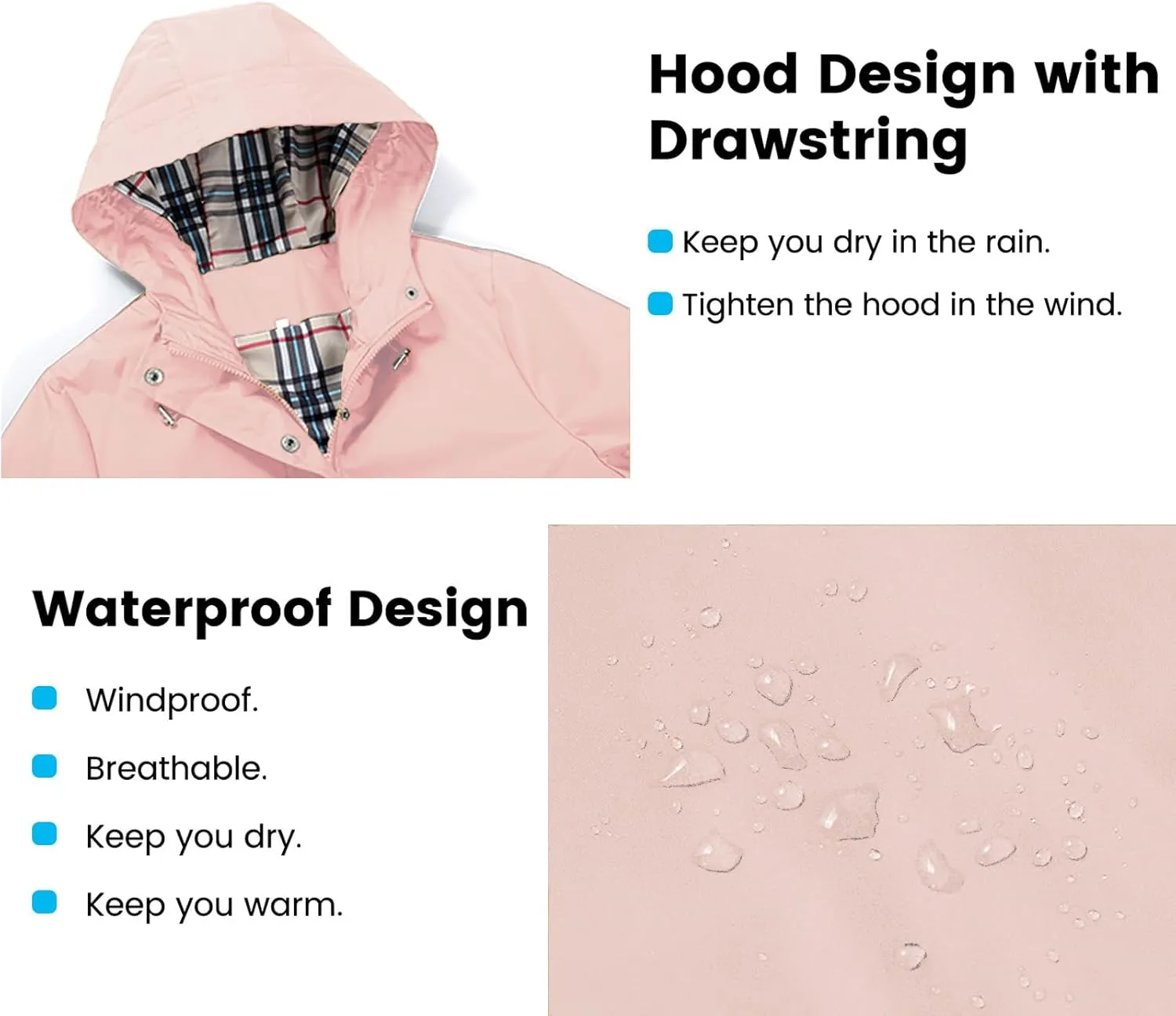 Rain Coat for Women Waterproof with Hood Lightweight Women's Rain Jacket Outdoor Trench Windbreaker Long Raincoats