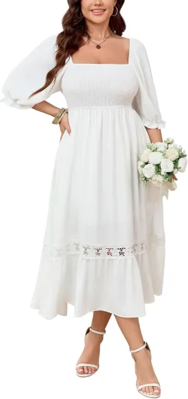 SCOMCHIC Women's Plus Size Maxi Dress Short Sleeve Square Neck Smocked Flowy A-Line Lace Trim Boho Wedding Guest Dresses
