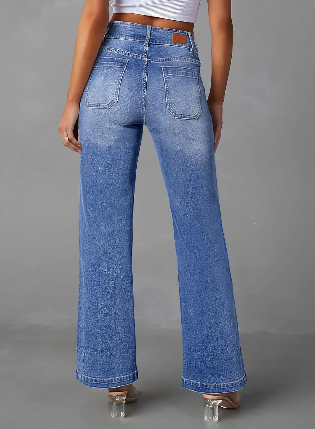 Sidefeel Women's Wide Leg Jeans High Waisted Tummy Control Stretchy Pockets Front Straight Leg Jeans