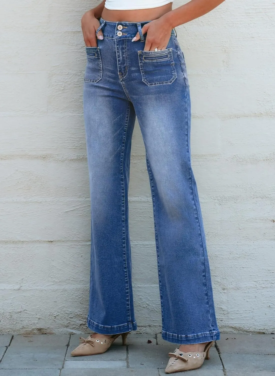Sidefeel Women's Wide Leg Jeans High Waisted Tummy Control Stretchy Pockets Front Straight Leg Jeans
