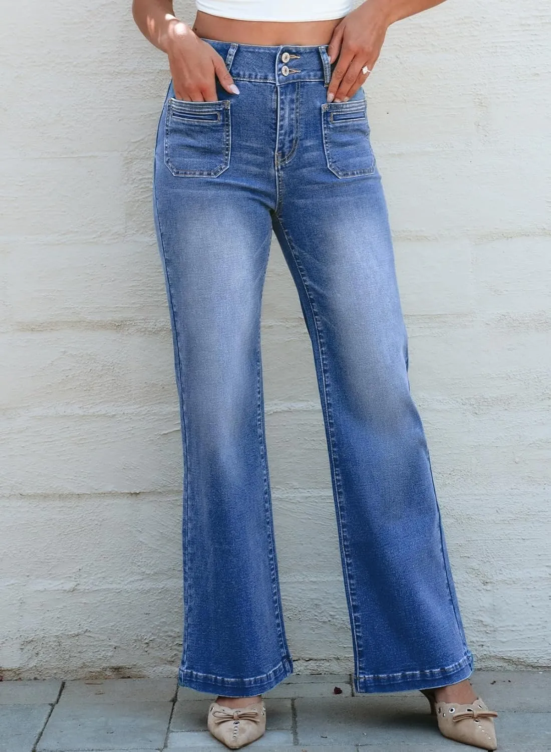 Sidefeel Women's Wide Leg Jeans High Waisted Tummy Control Stretchy Pockets Front Straight Leg Jeans
