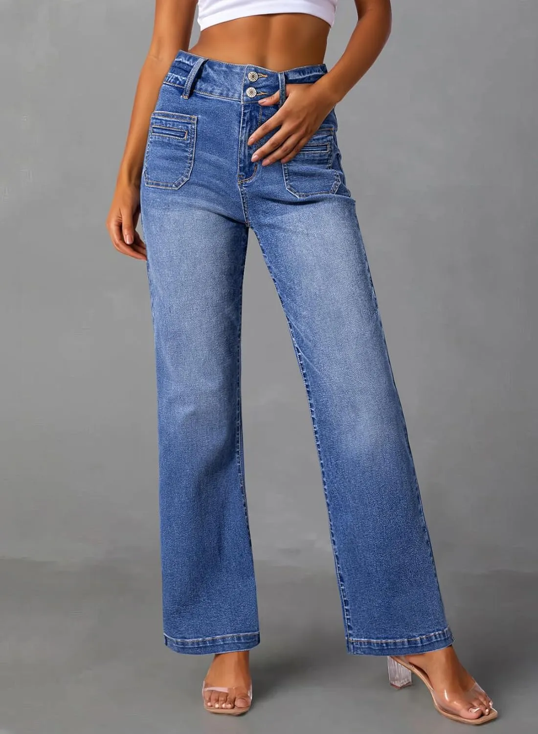 Sidefeel Women's Wide Leg Jeans High Waisted Tummy Control Stretchy Pockets Front Straight Leg Jeans
