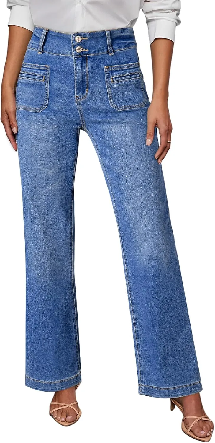 Sidefeel Women's Wide Leg Jeans High Waisted Tummy Control Stretchy Pockets Front Straight Leg Jeans