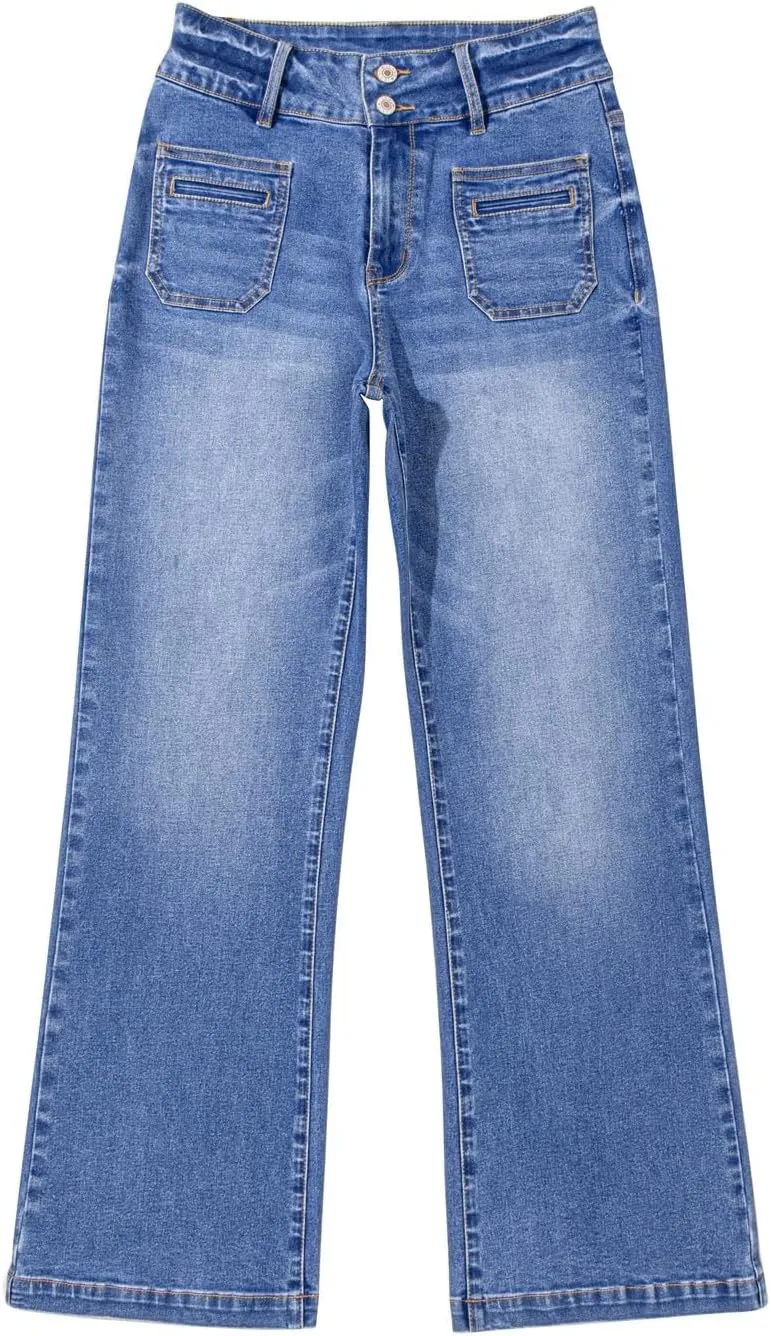 Sidefeel Women's Wide Leg Jeans High Waisted Tummy Control Stretchy Pockets Front Straight Leg Jeans