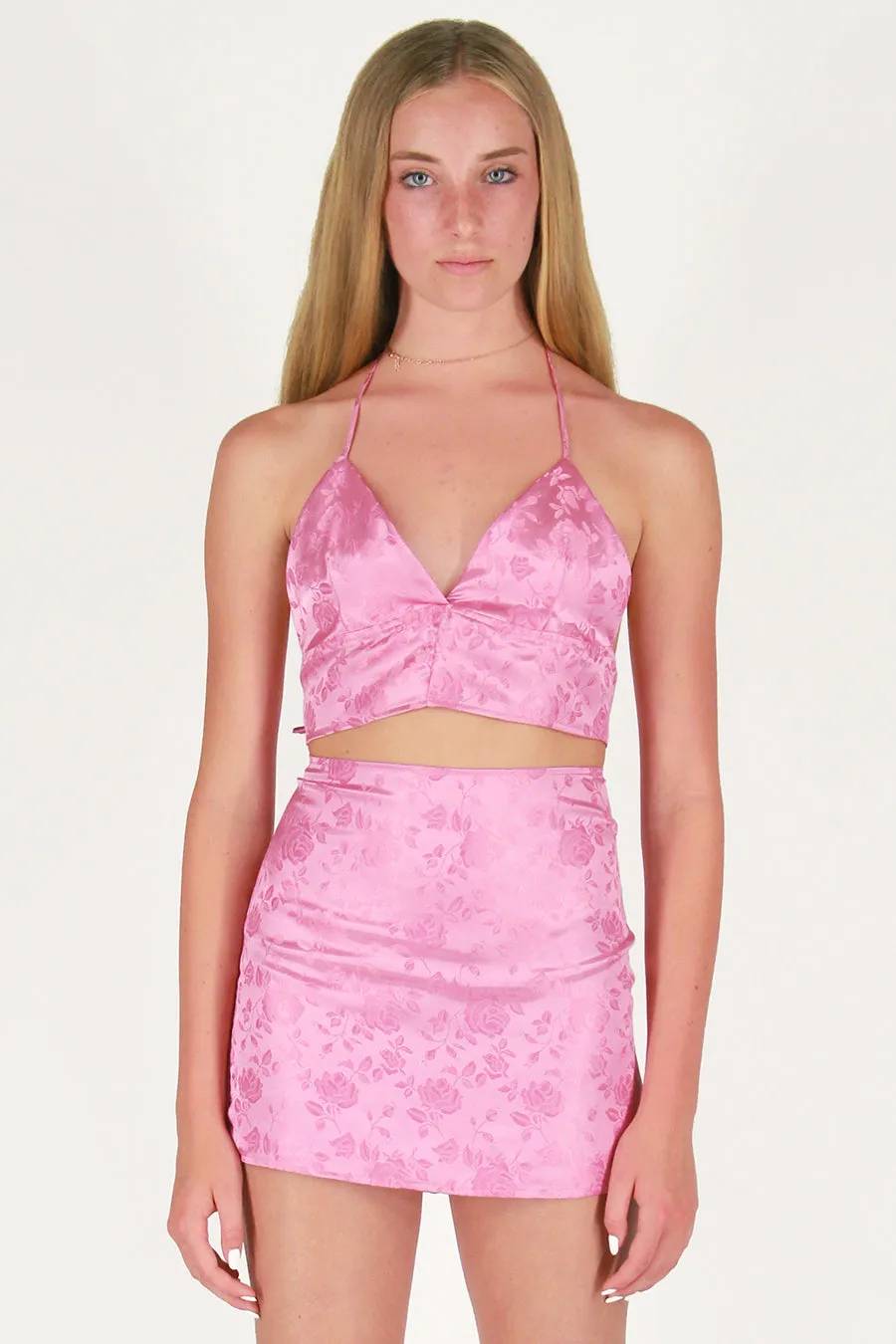 Skirt - Pink Satin with Roses
