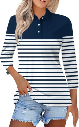 Striped Button Down Shirt Women,3/4 Sleeve Tops V Neck Work Polo Blouses Dressy Casual Collared Elbow Sleeve Tunic