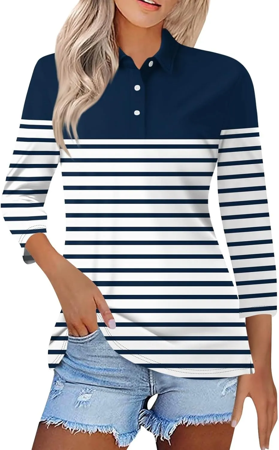 Striped Button Down Shirt Women,3/4 Sleeve Tops V Neck Work Polo Blouses Dressy Casual Collared Elbow Sleeve Tunic