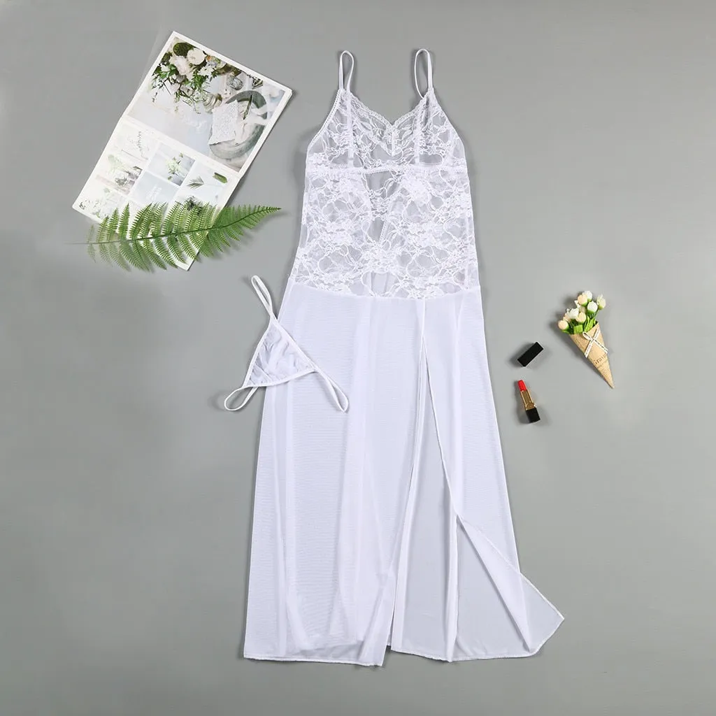 VenusFox Sexy Lingerie Nightie Sleepwear Women's Nightgown See Through Lace Split Long Gown Sexy Nightdress Femme Plus Size Underwear