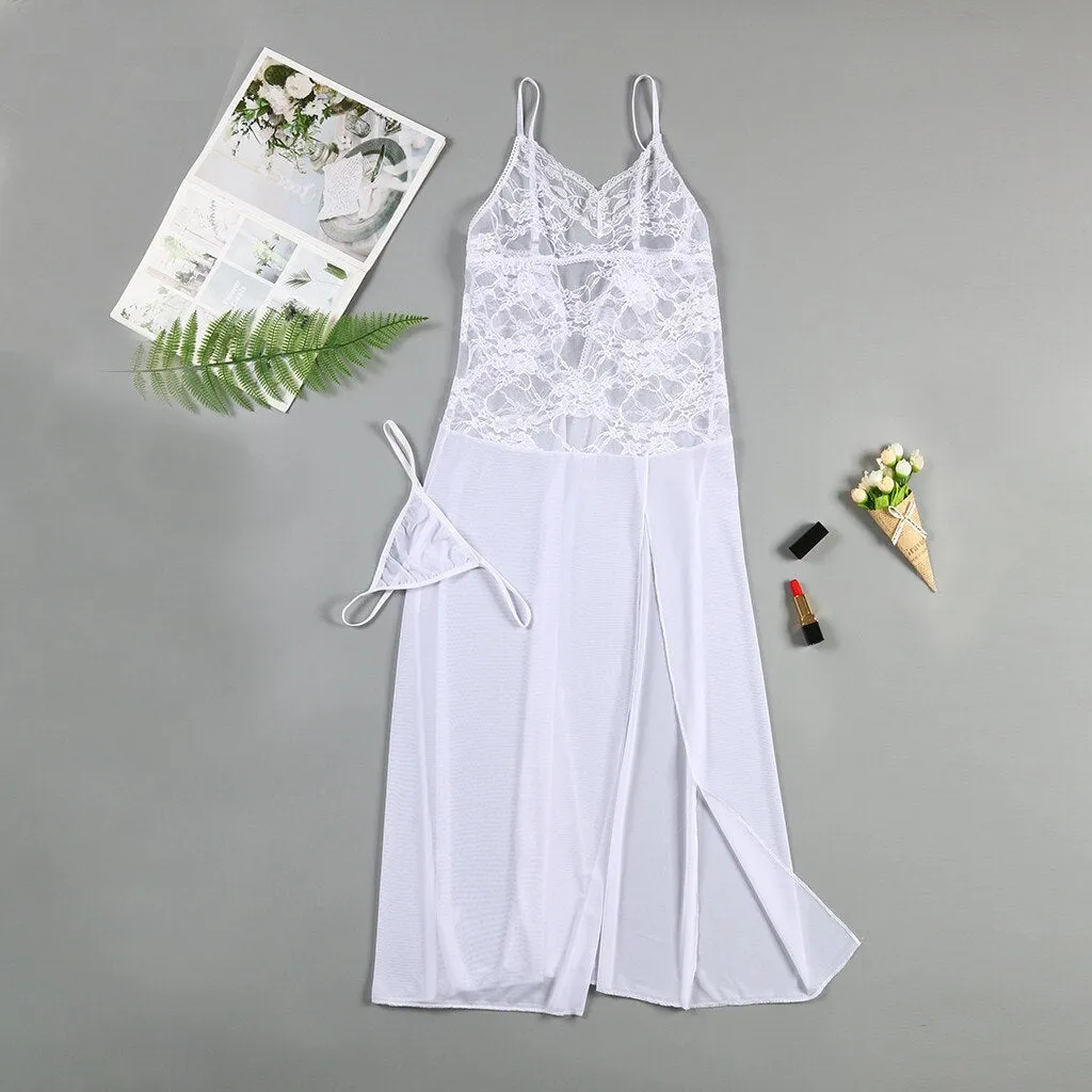 VenusFox Sexy Lingerie Nightie Sleepwear Women's Nightgown See Through Lace Split Long Gown Sexy Nightdress Femme Plus Size Underwear