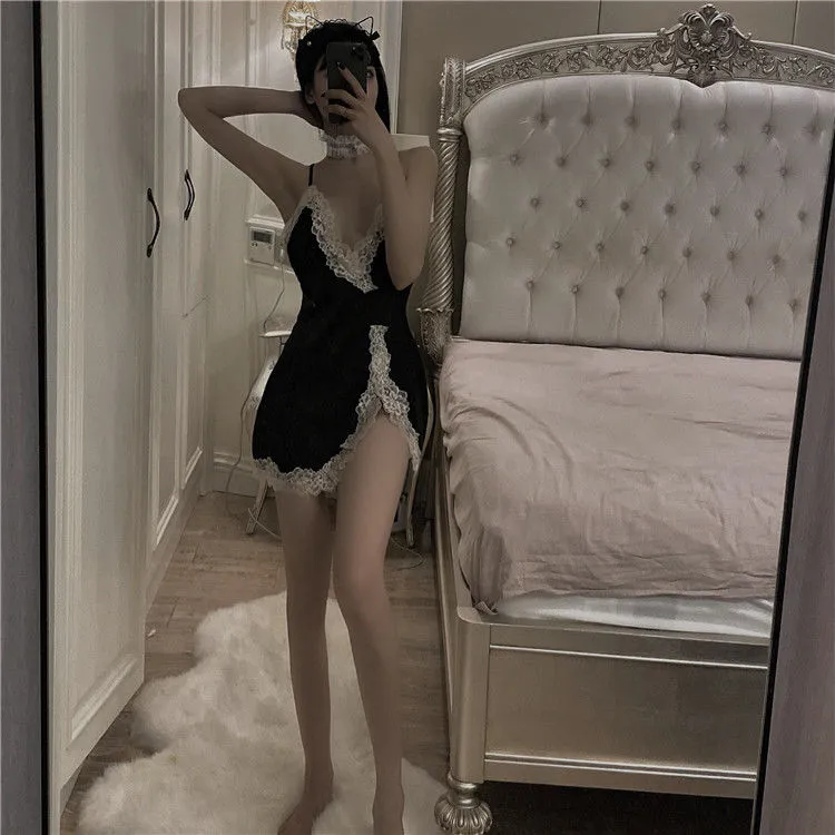 VenusFox Sexy Nightwear Dresses Summer Woman 2021 Lace Sleepwear Girls Mini Skirts Nightgown Black Nighty for Ladies Lingrie Pijama