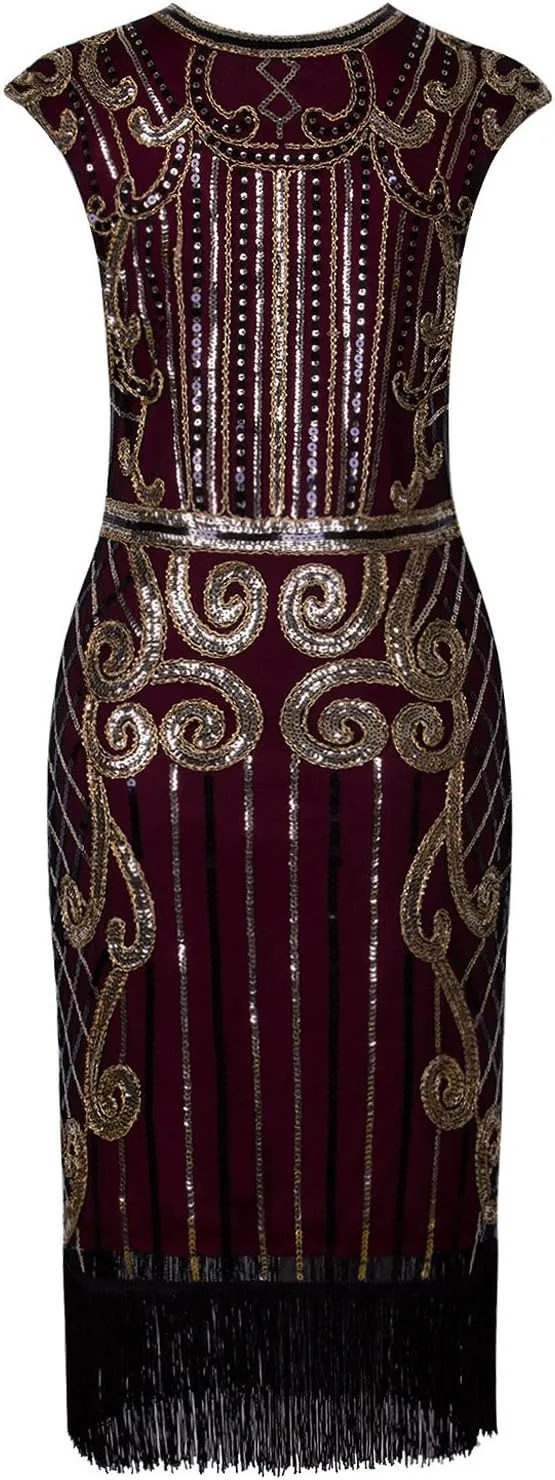 Vijiv 1920s Vintage Inspired Sequin Embellished Fringe Long Gatsby Flapper Dress