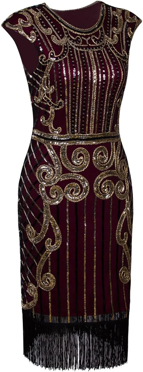 Vijiv 1920s Vintage Inspired Sequin Embellished Fringe Long Gatsby Flapper Dress