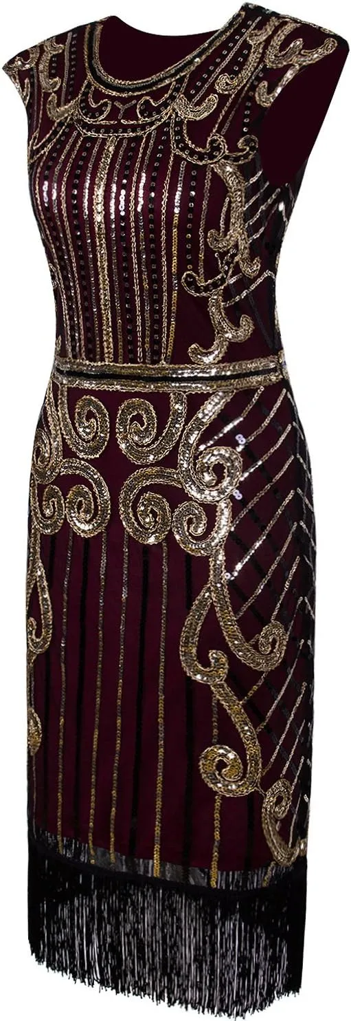 Vijiv 1920s Vintage Inspired Sequin Embellished Fringe Long Gatsby Flapper Dress