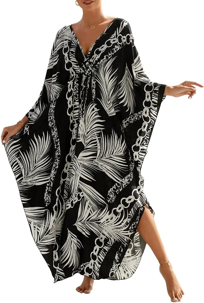 Women Animal Print Kaftan Dresses Plus Size Swimsuit Coverup 2025 Summer Bathing Suit Caftan Loungewear Beach Dress