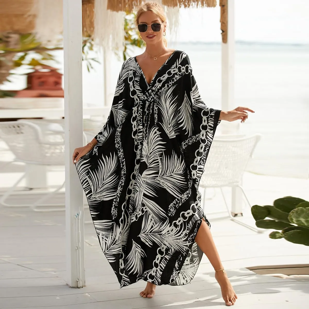Women Animal Print Kaftan Dresses Plus Size Swimsuit Coverup 2025 Summer Bathing Suit Caftan Loungewear Beach Dress