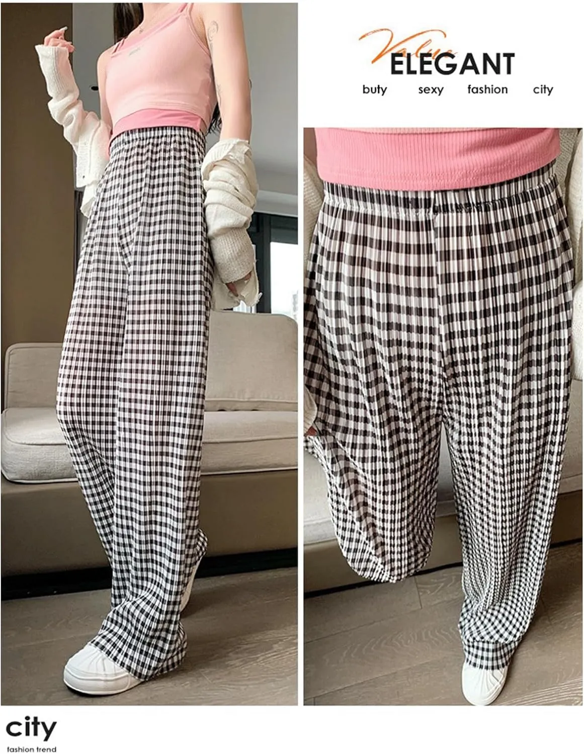Women Gingham Pants Pleated High Waisted Y2K Checkered Pants Wide Leg Plaid Boxer Pants Casual Trousers with Pockets