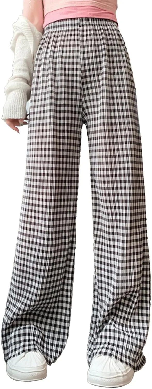 Women Gingham Pants Pleated High Waisted Y2K Checkered Pants Wide Leg Plaid Boxer Pants Casual Trousers with Pockets