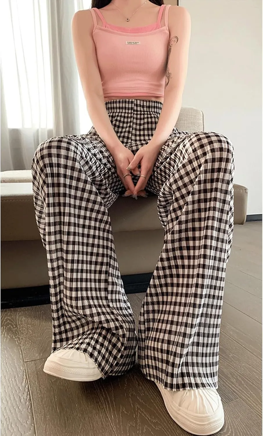 Women Gingham Pants Pleated High Waisted Y2K Checkered Pants Wide Leg Plaid Boxer Pants Casual Trousers with Pockets