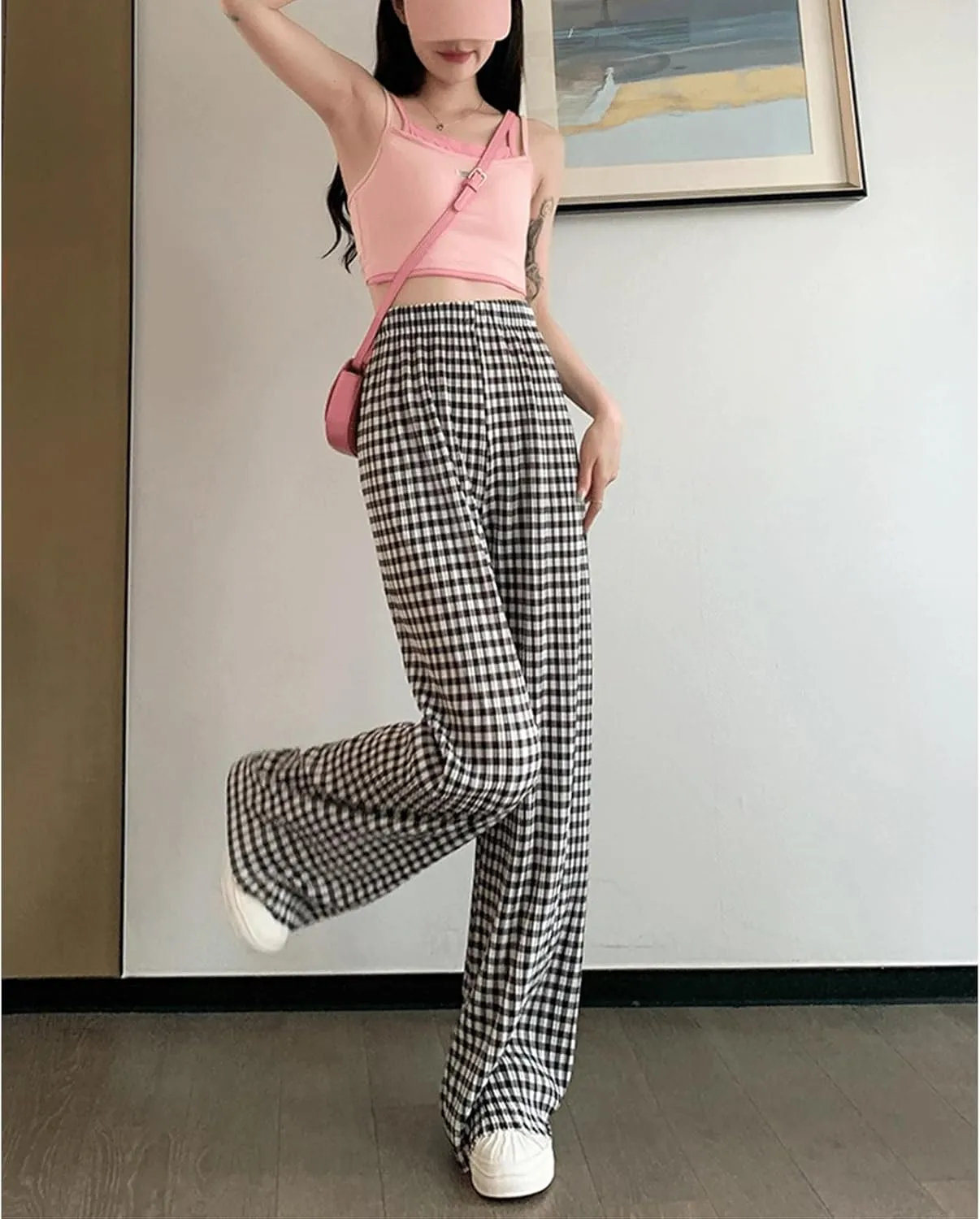 Women Gingham Pants Pleated High Waisted Y2K Checkered Pants Wide Leg Plaid Boxer Pants Casual Trousers with Pockets
