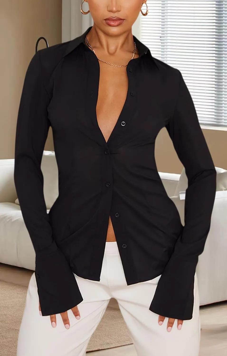 Women's Button Down Shirts Classic Fit Dress Shirt Work Casual Long Sleeve Blouse Tops