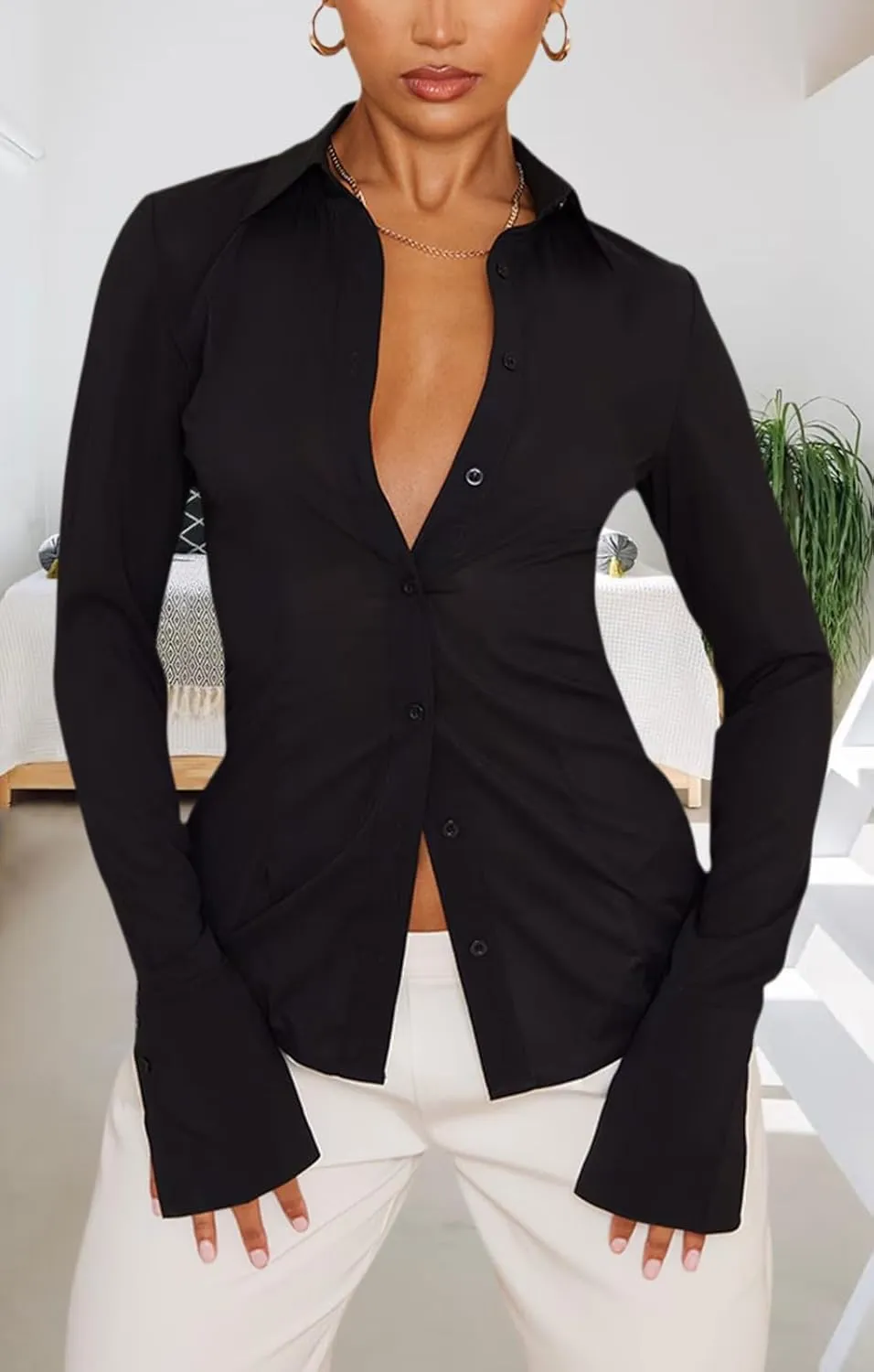 Women's Button Down Shirts Classic Fit Dress Shirt Work Casual Long Sleeve Blouse Tops