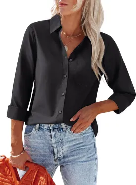 Womens Button Down Shirts Dress Shirt Collared Wrinkle Free Long Sleeve Blouse Office Tunics Tops with Pockets