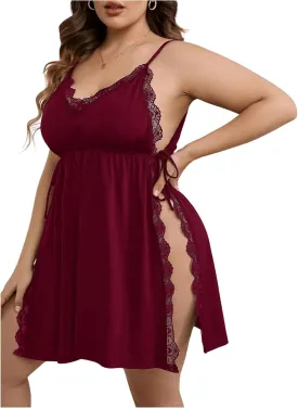 Women's Plus Size Lace Nightgowns Split Thigh Tie Side Slip Dress Lounge Spaghetti Strap Cami Sleepwear