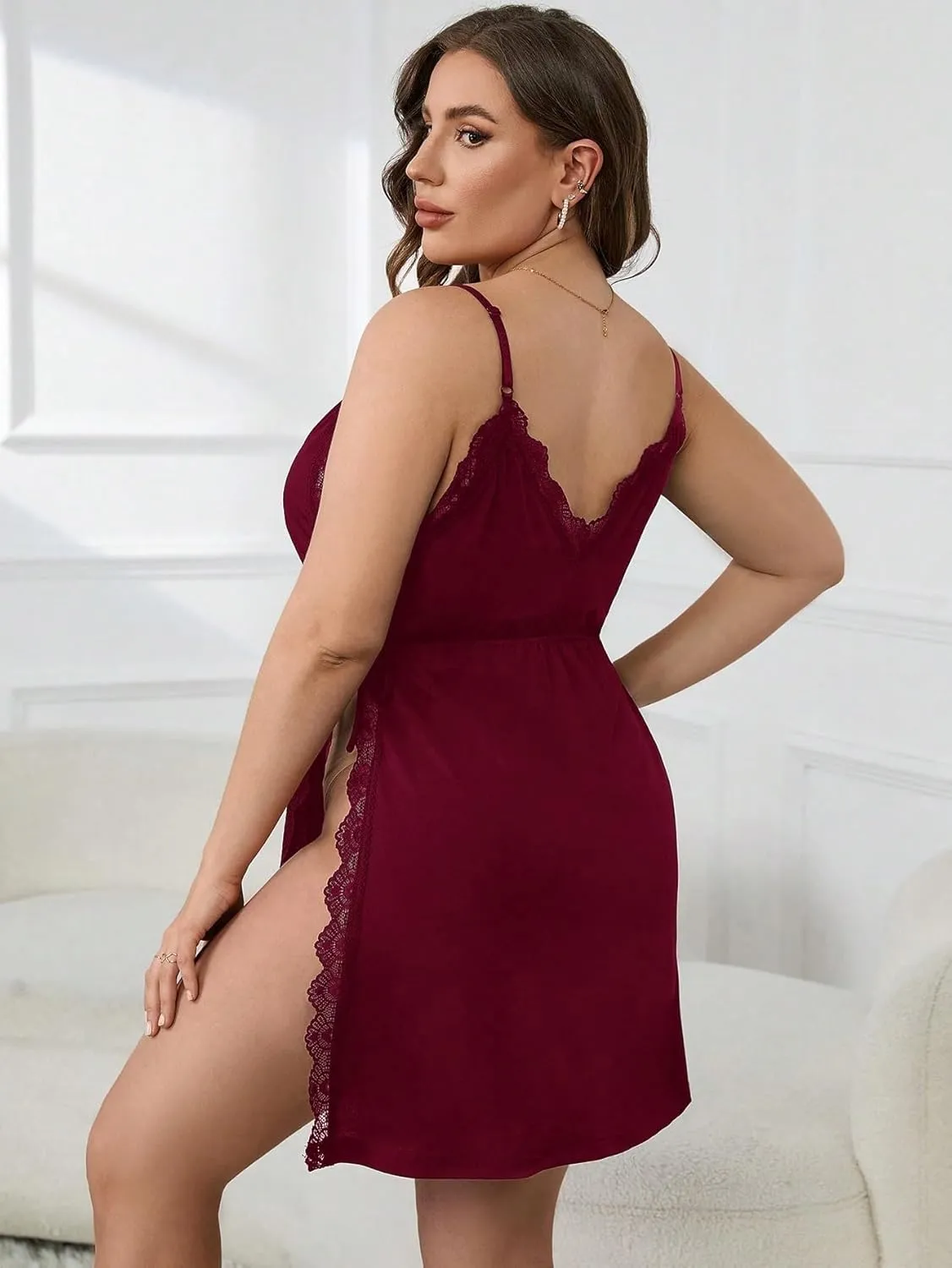 Women's Plus Size Lace Nightgowns Split Thigh Tie Side Slip Dress Lounge Spaghetti Strap Cami Sleepwear