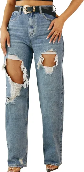 Women's Straight Leg High Waist Baggy Denim Jeans Loose Boyfriend Casual Stretchy Jeans
