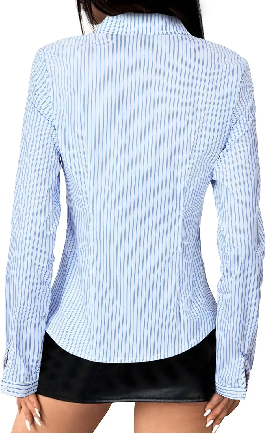 Women's Striped Button Down Shirts Flare Sleeve Slim Fit Blouses V Neck Collared Y2k Crop Tops Streetwear