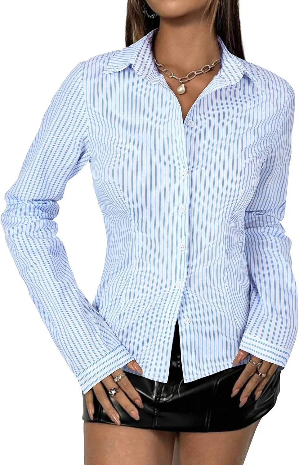 Women's Striped Button Down Shirts Flare Sleeve Slim Fit Blouses V Neck Collared Y2k Crop Tops Streetwear